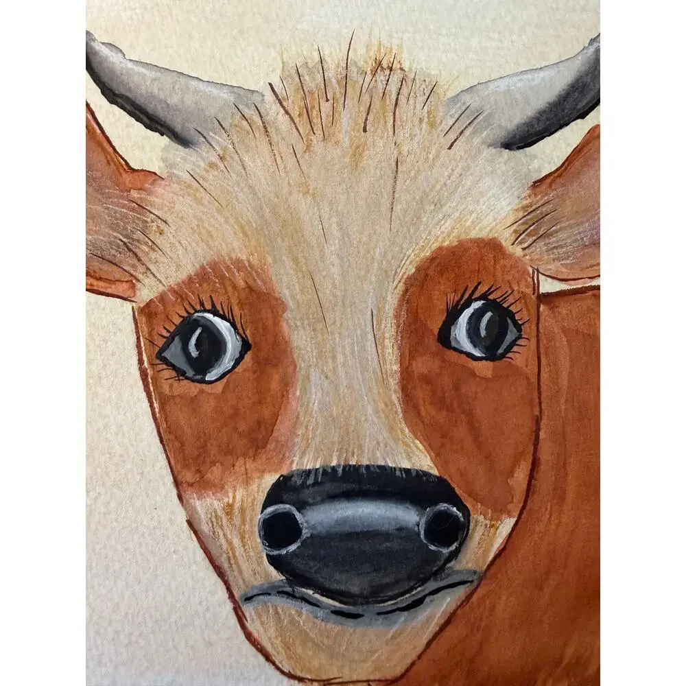 Hand painted watercolor original painting derpy whimsical cow